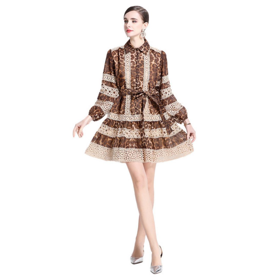 Leopard Print Lace Patchwork Mini Dress for Women Long Sleeve Party Wear