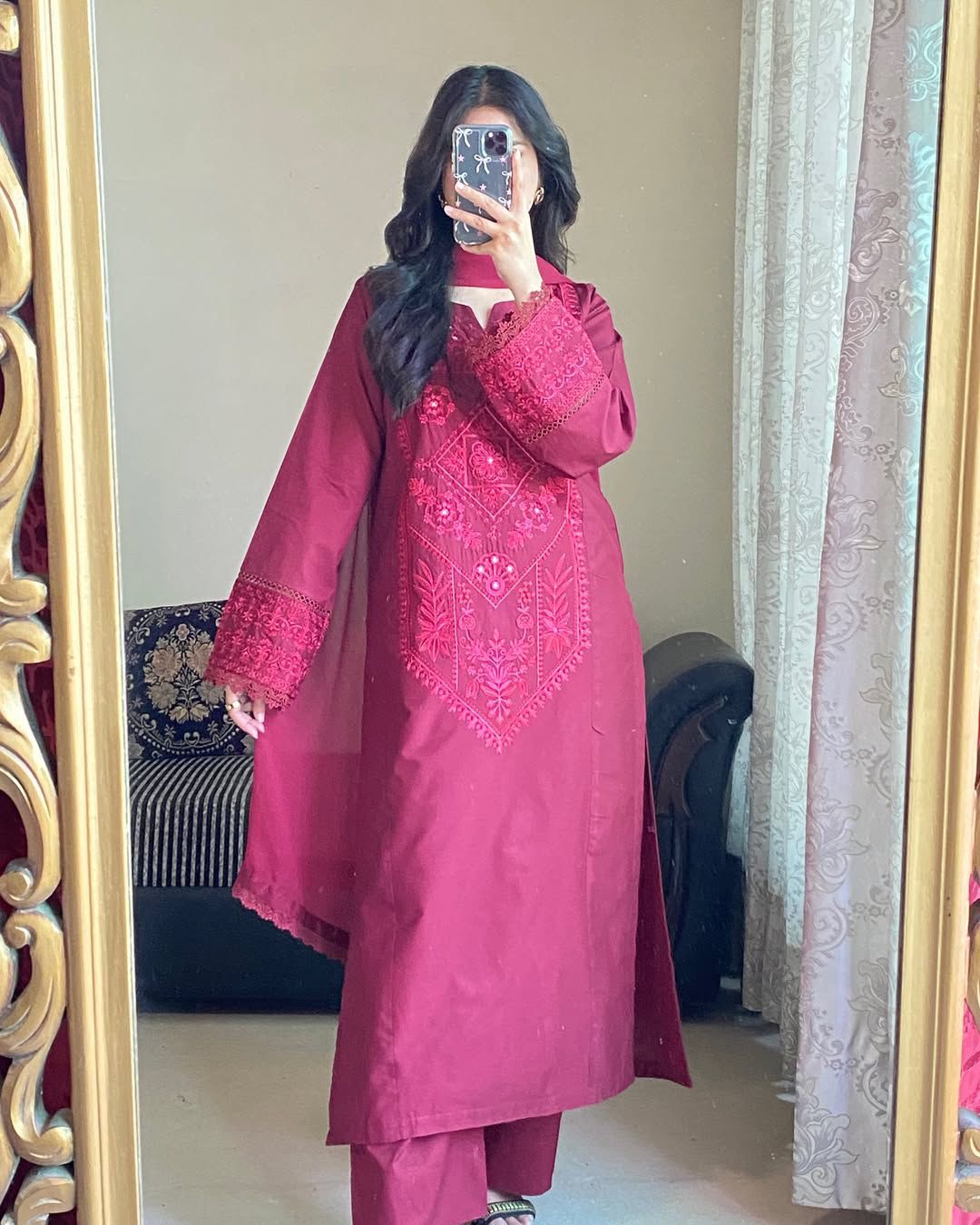 Maroon Cotton Embroidered Suit Set with Matching Dupatta