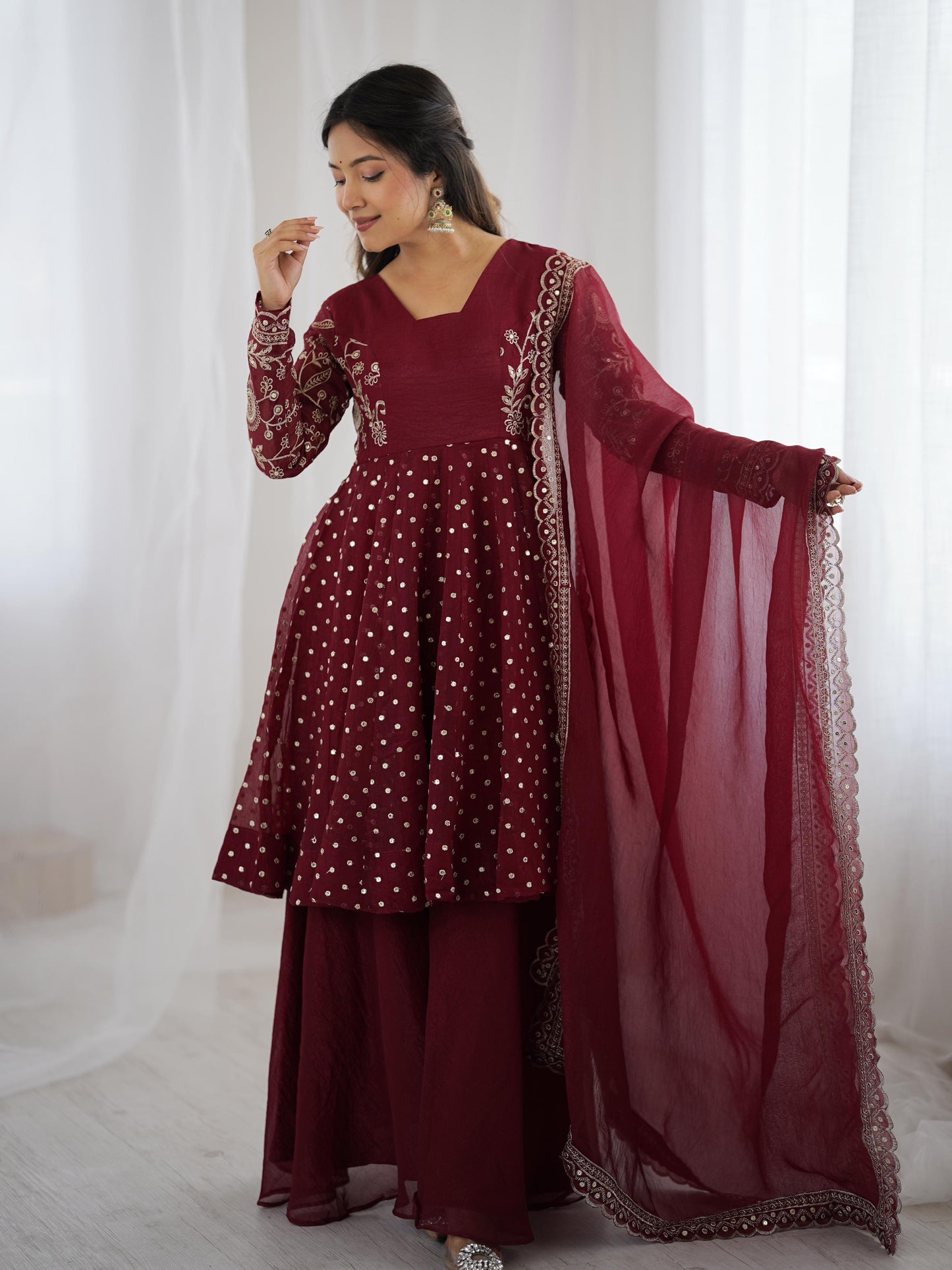 Maroon Silk Gown with Dupatta & Palazo for Women