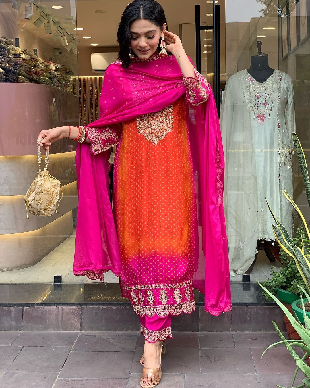 Multicolored Bandhani Suit with Pant and Dupatta for Women