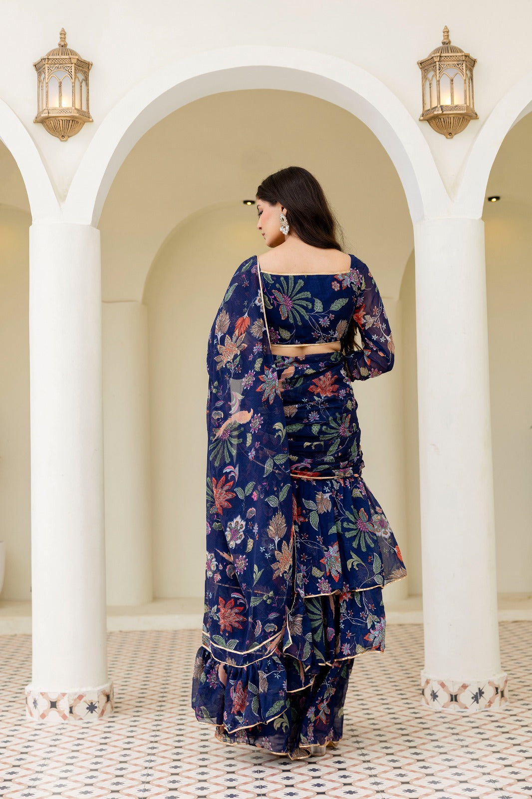 Navy Blue Organza Saree with Multicolor Floral Print