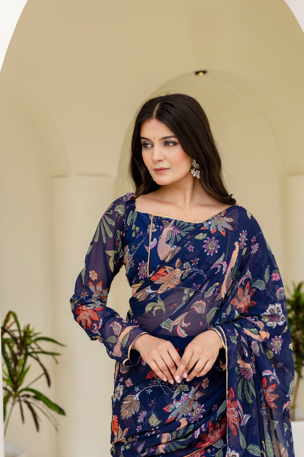 Navy Blue Organza Saree with Multicolor Floral Print