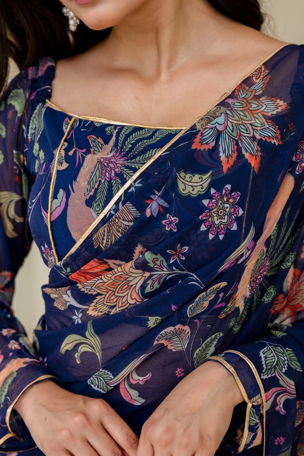Navy Blue Organza Saree with Multicolor Floral Print