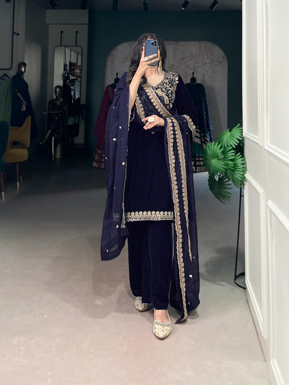Navy Blue Velvet Suit Set with Heavy Embroidery Work