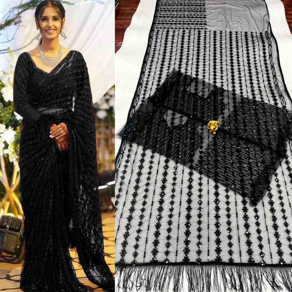Net Sequin Embroidered Saree with Designer Blouse
