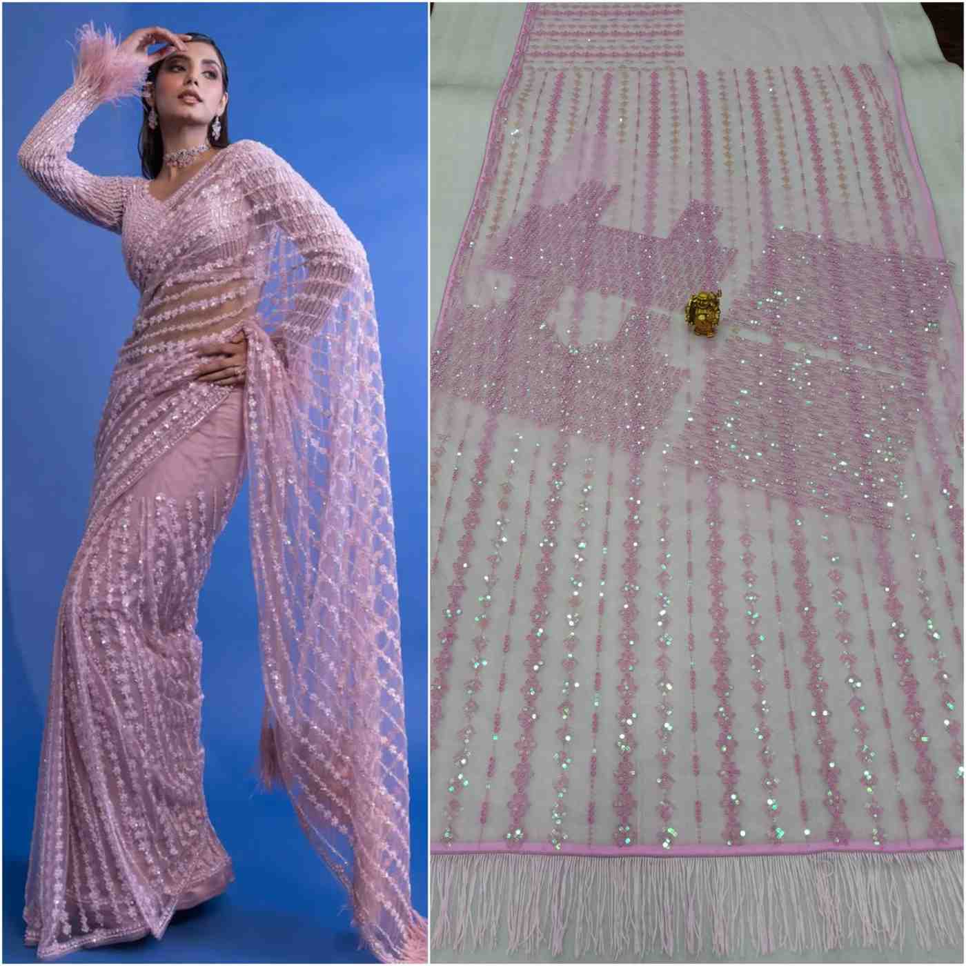Net Sequin Embroidered Saree with Designer Blouse