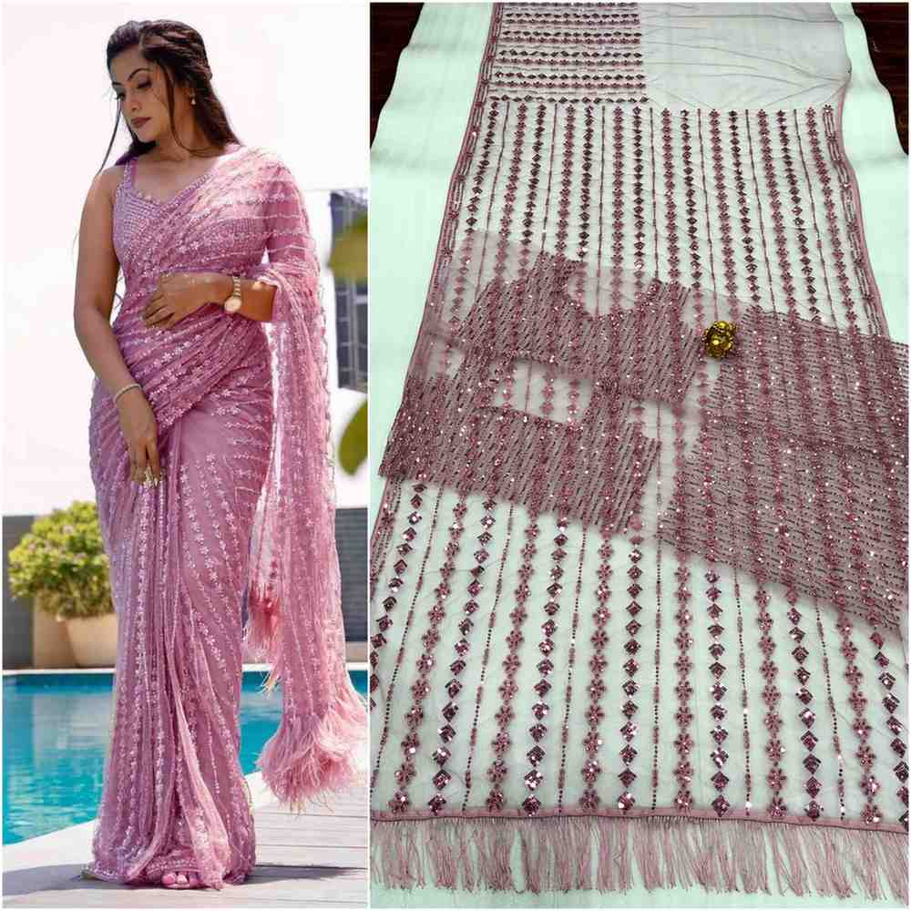 Net Sequin Embroidered Saree with Designer Blouse