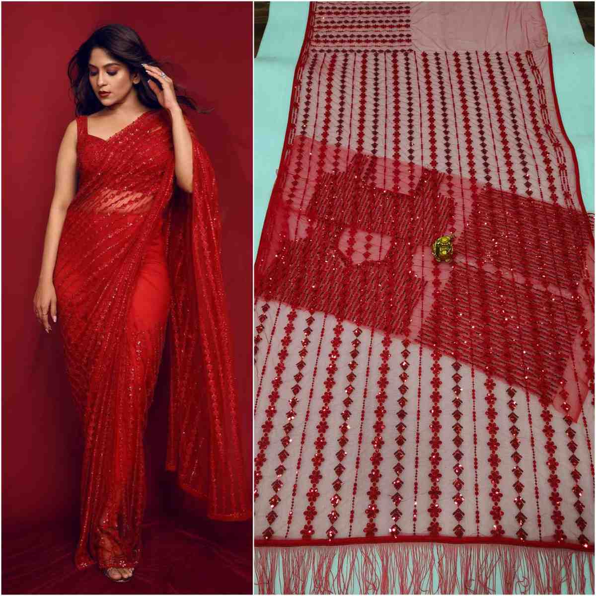 Net Sequin Embroidered Saree with Designer Blouse