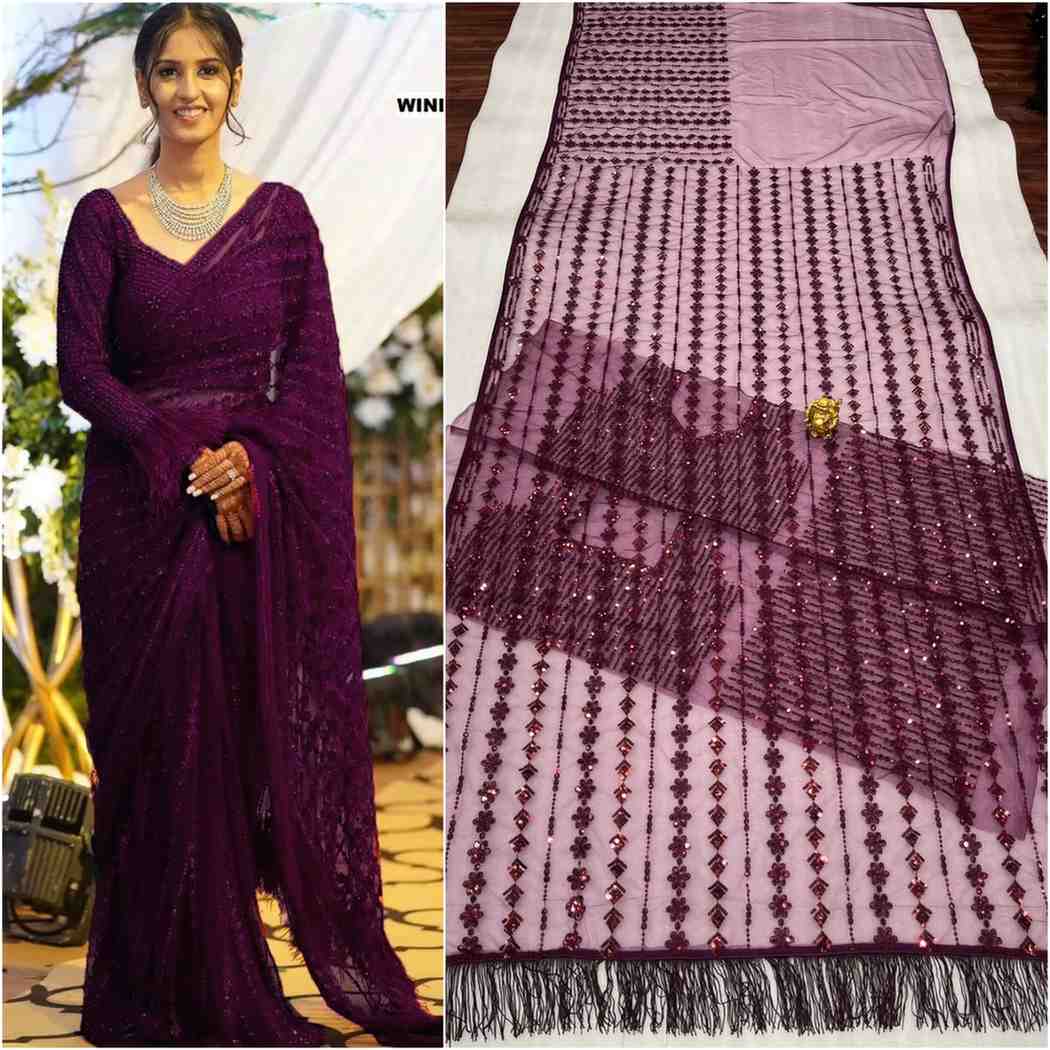 Net Sequin Embroidered Saree with Designer Blouse