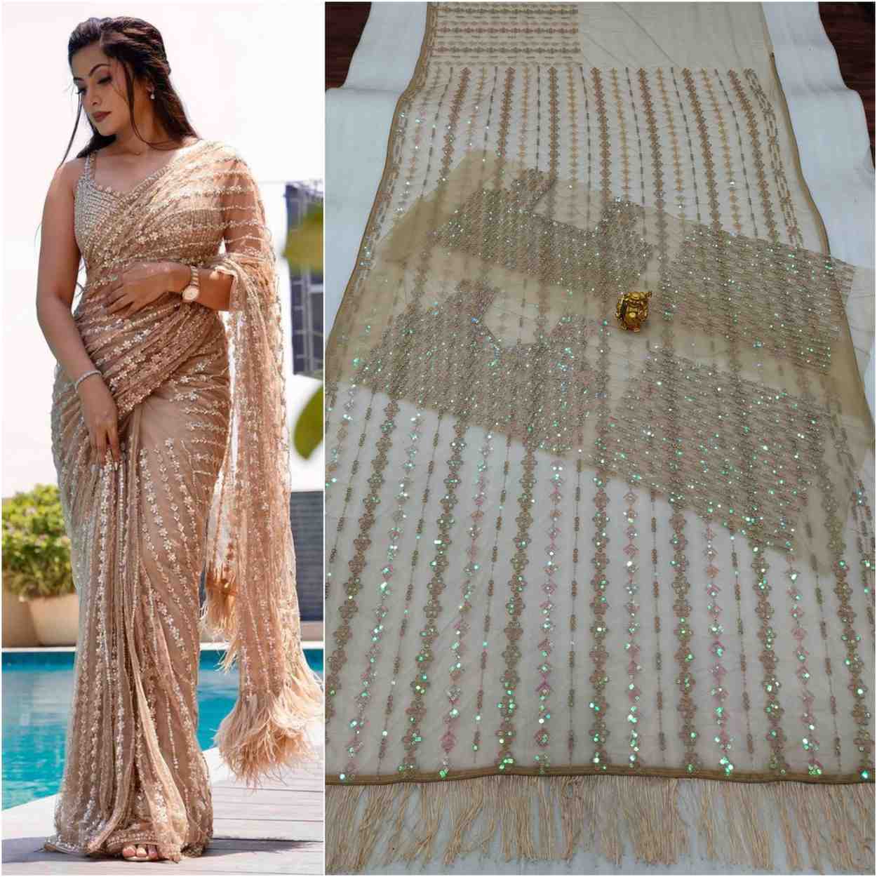 Net Sequin Embroidered Saree with Designer Blouse