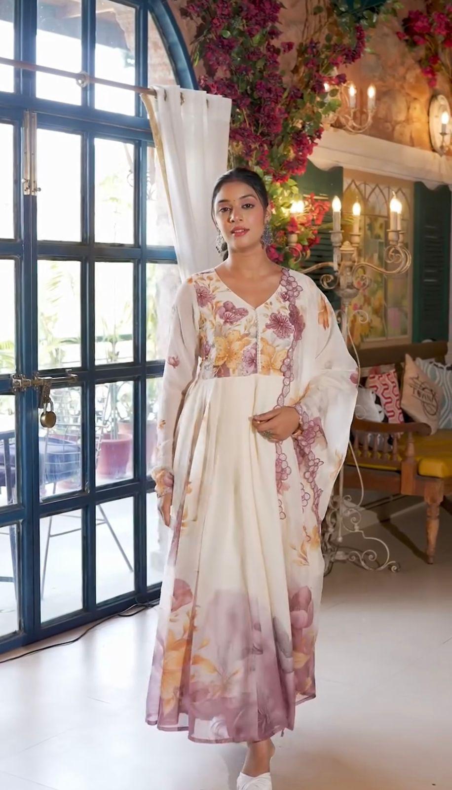 New Designer Floral Tabby Organza Gown for Women