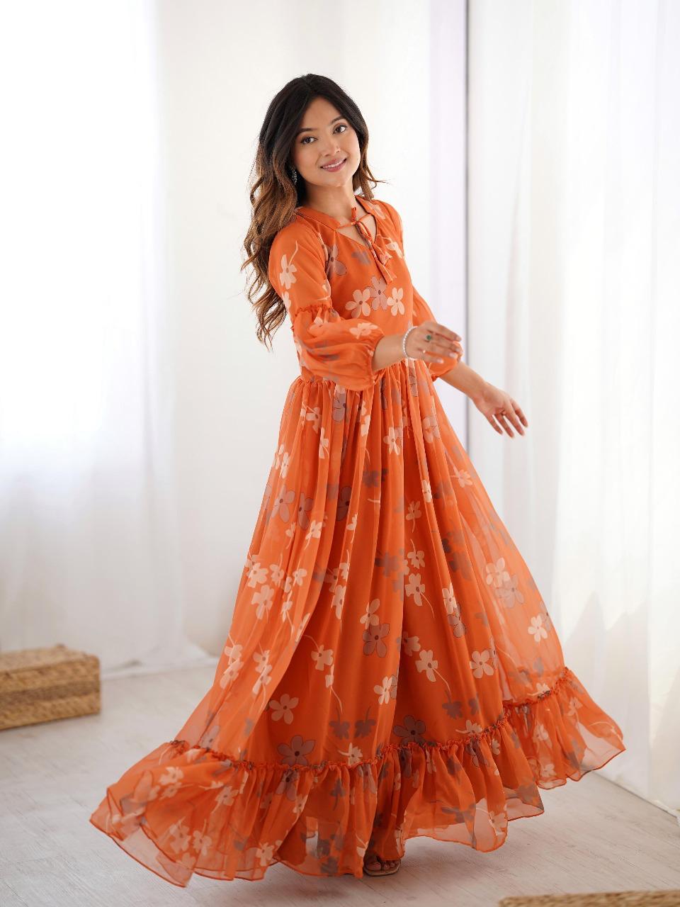 Orange Floral Georgette Gown for Women