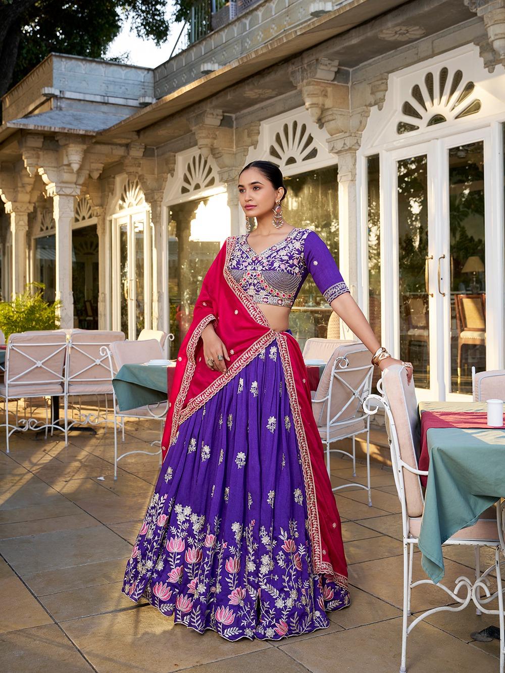 Party Wear Purple Lehenga Choli with Red Dupatta
