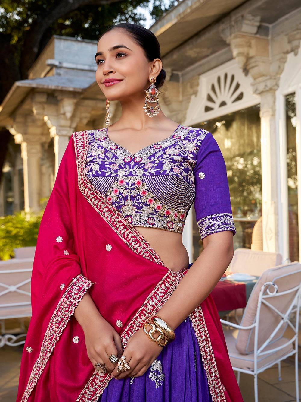 Party Wear Purple Lehenga Choli with Red Dupatta