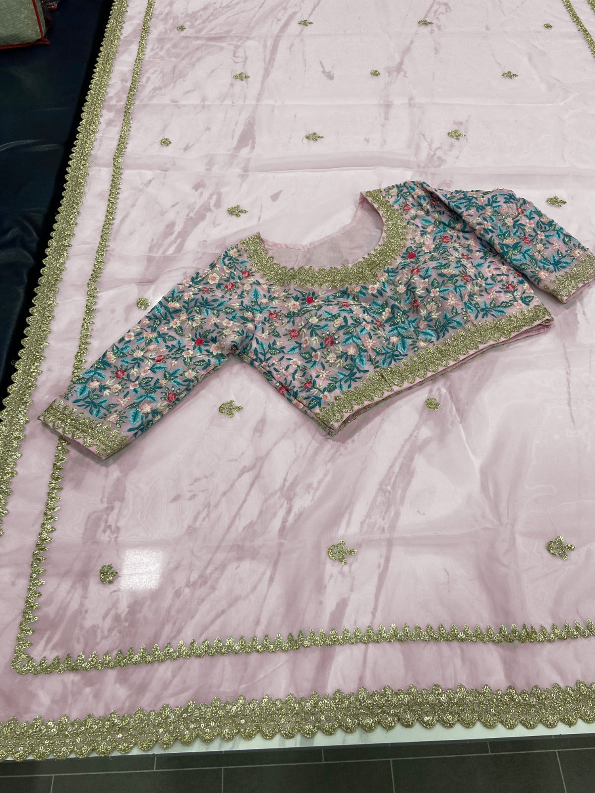 Pastel Pink Organza Saree with Zari & Sequin Embroidery