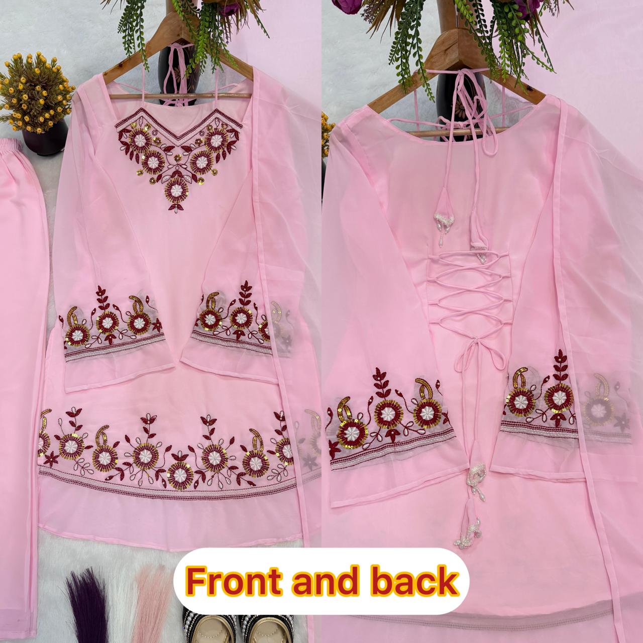 Pink Embroidered Silk Suit Set