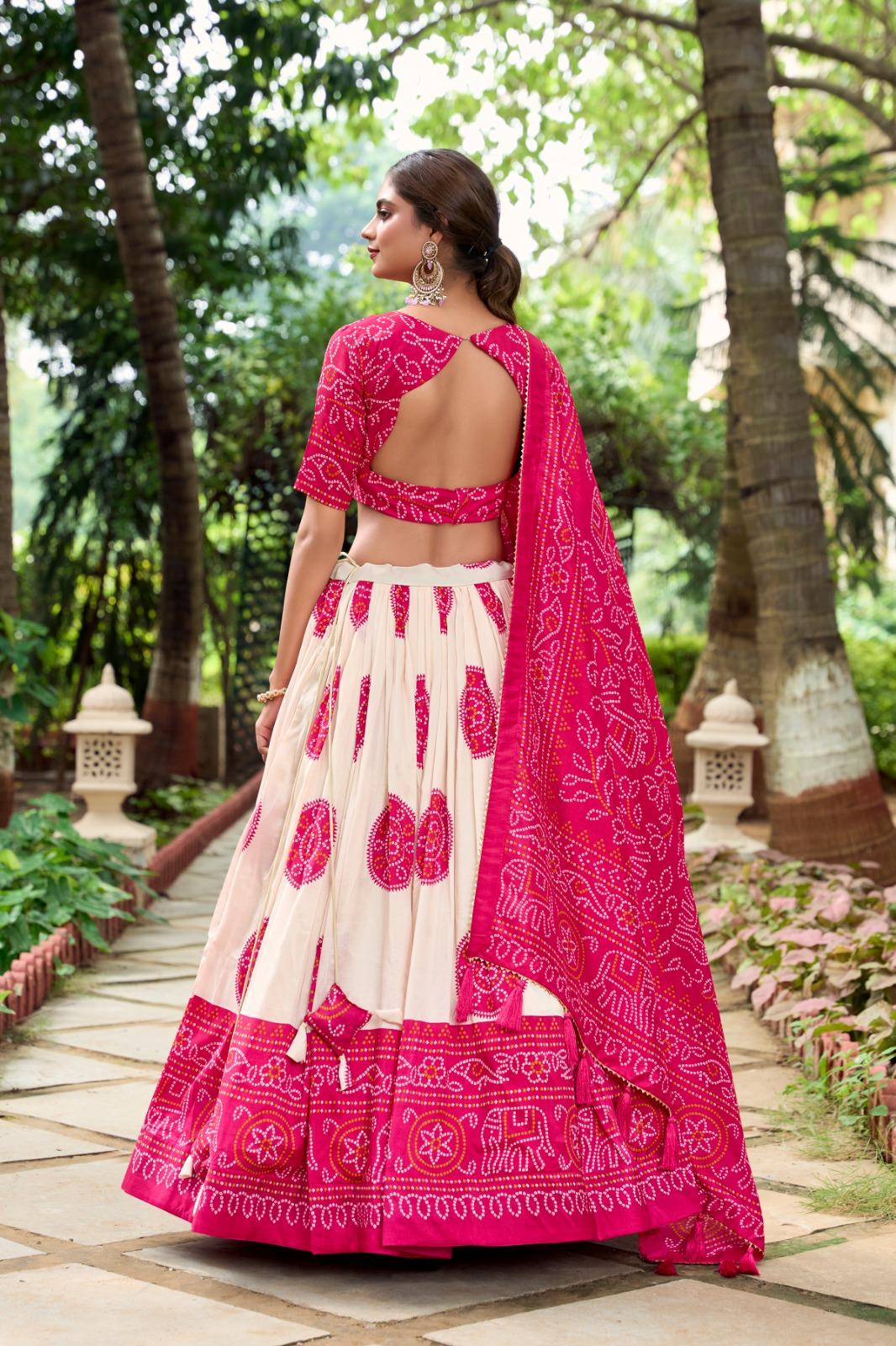 Pink Tasar Lehenga Choli with Bandhej Print