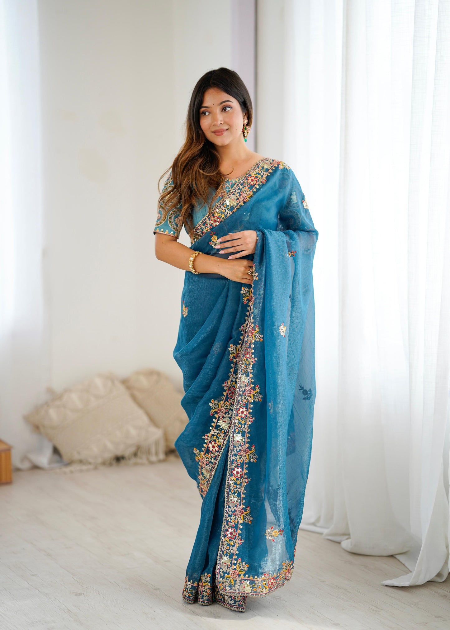 Premium Crunchy Silk Saree with Embroidery and Sequins