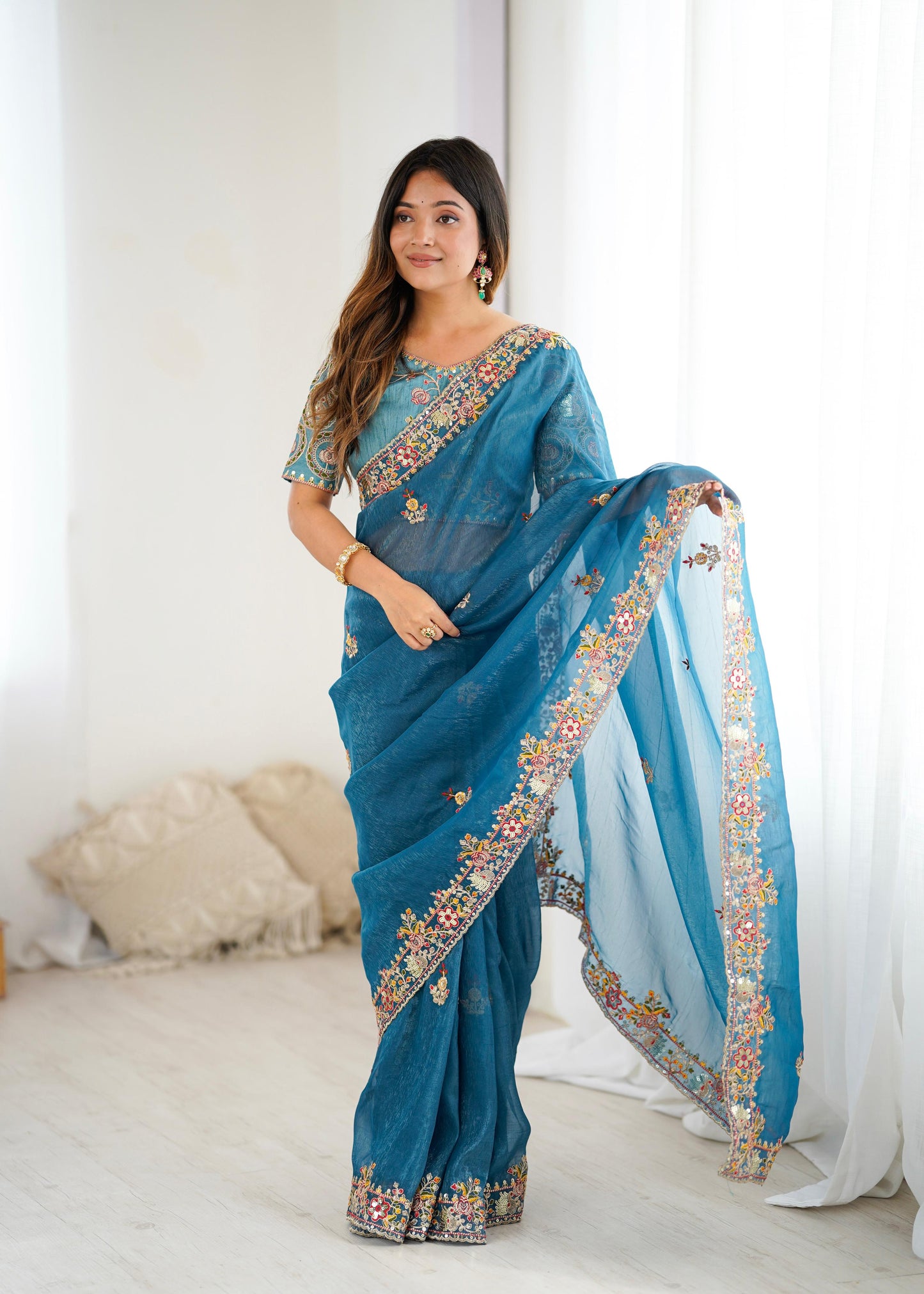 Premium Crunchy Silk Saree with Embroidery and Sequins