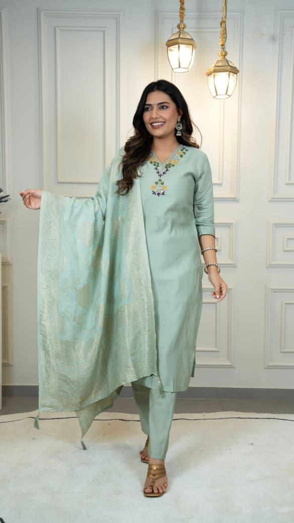 Premium Silk Kurti Pant Dupatta Set with Hand Work