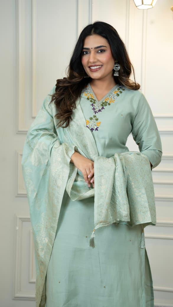 Premium Silk Kurti Pant Dupatta Set with Hand Work