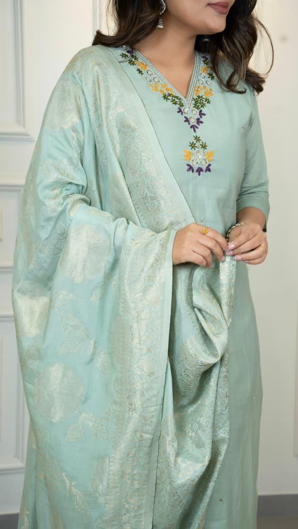 Premium Silk Kurti Pant Dupatta Set with Hand Work