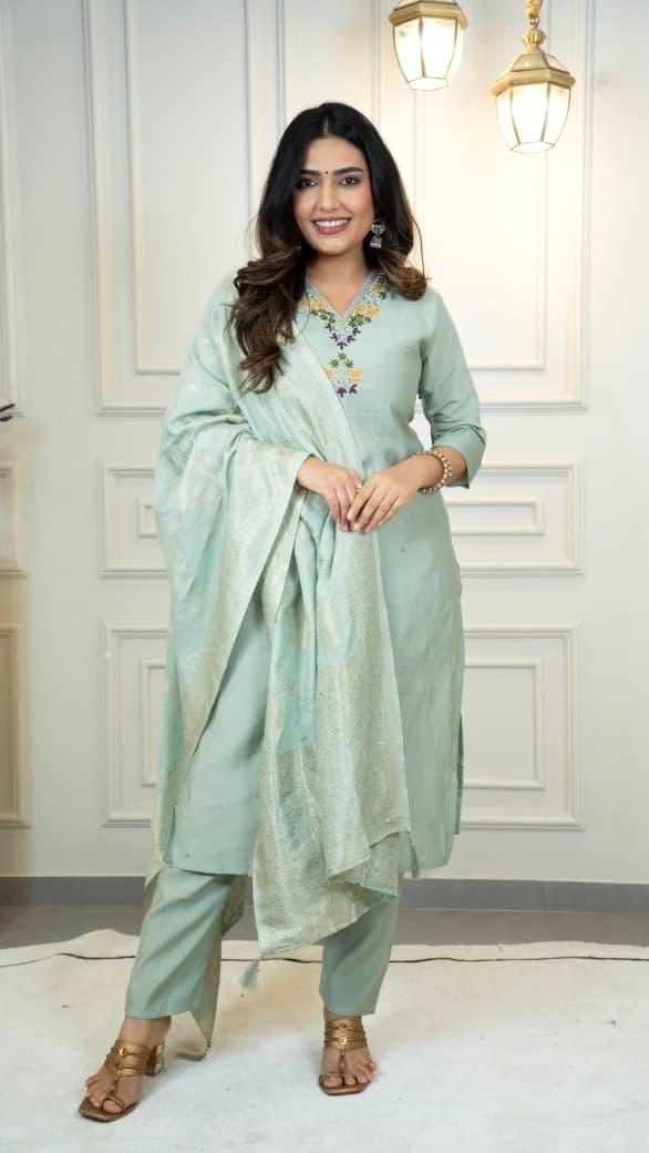 Premium Silk Kurti Pant Dupatta Set with Hand Work
