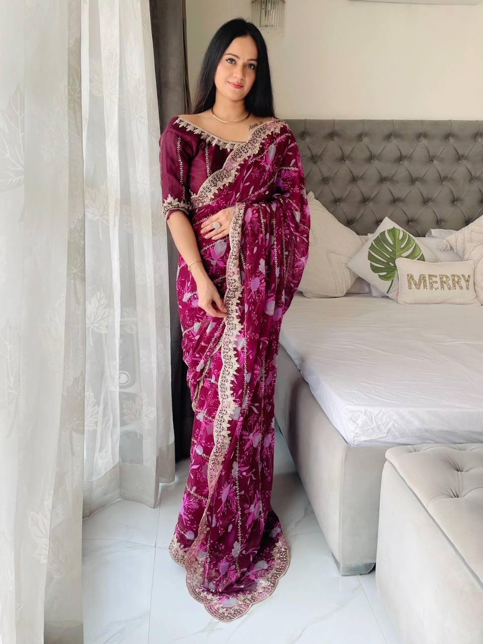 Premium Soft Digital Georgette Saree with Sequins Embroidery and Cutwork Border
