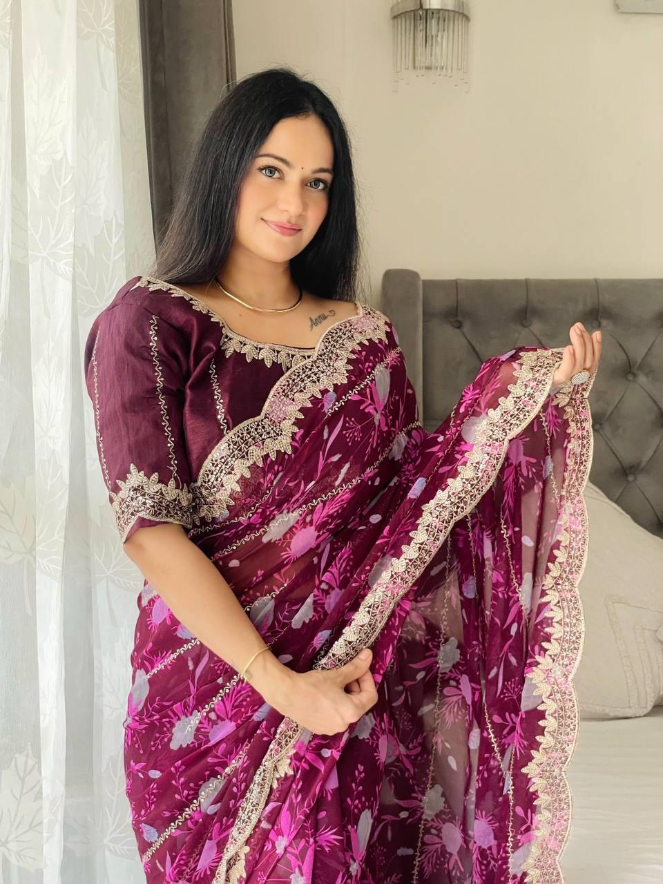 Premium Soft Digital Georgette Saree with Sequins Embroidery and Cutwork Border