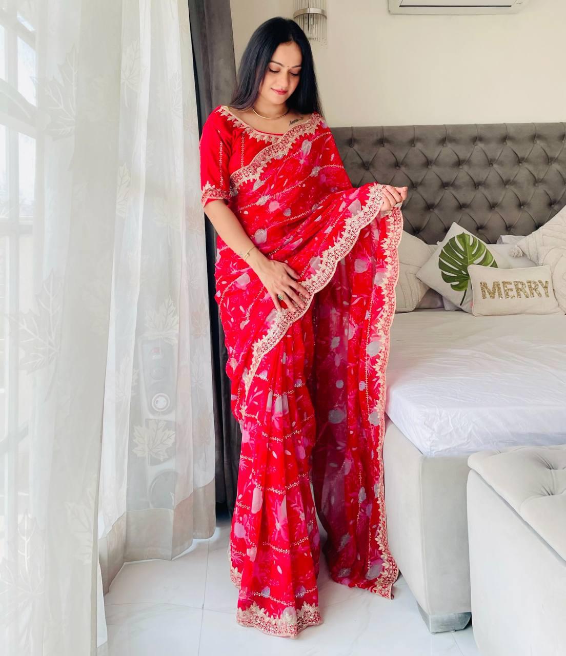 Premium Soft Digital Georgette Saree with Sequins Embroidery and Cutwork Border