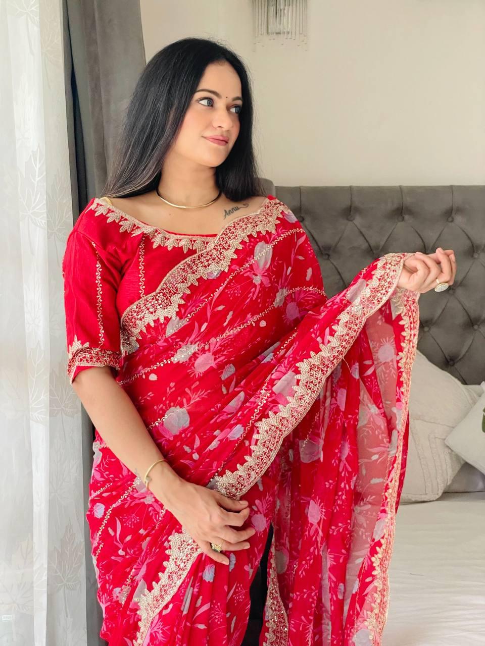 Premium Soft Digital Georgette Saree with Sequins Embroidery and Cutwork Border