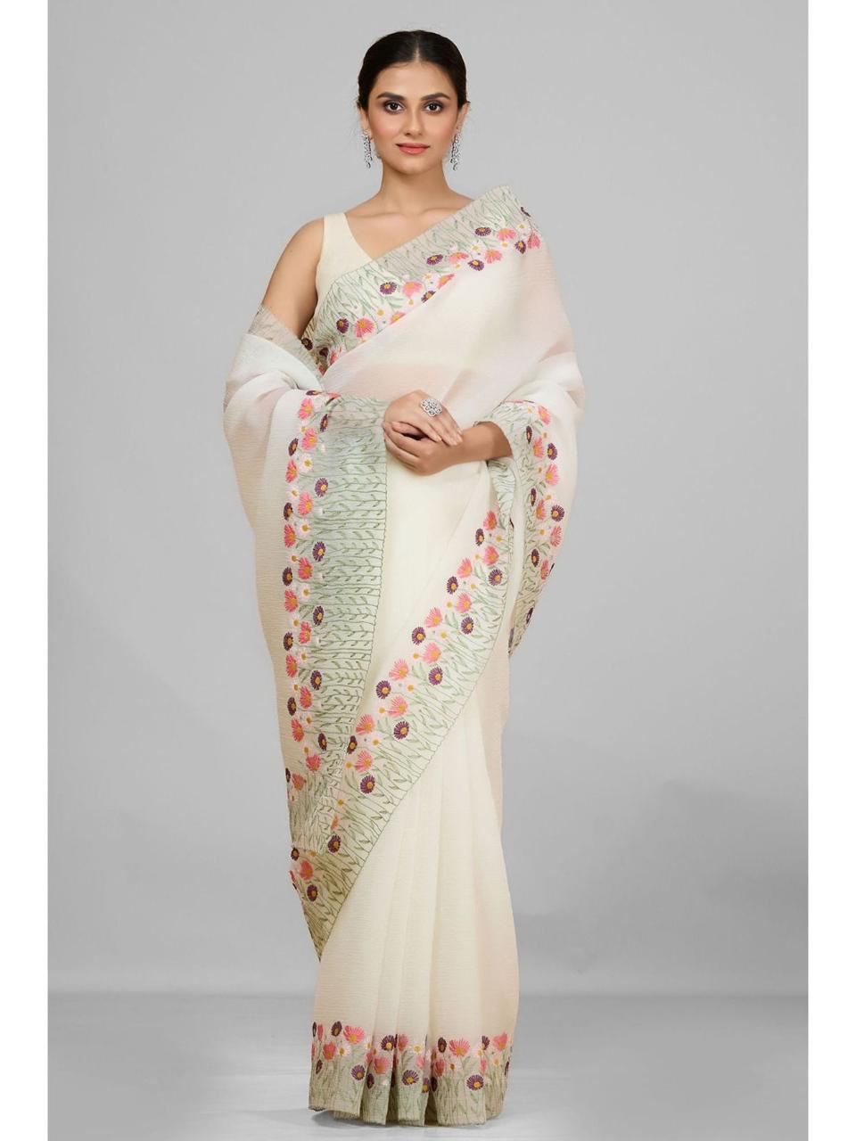 Premium Soft Twinkle Crush Off-White Saree