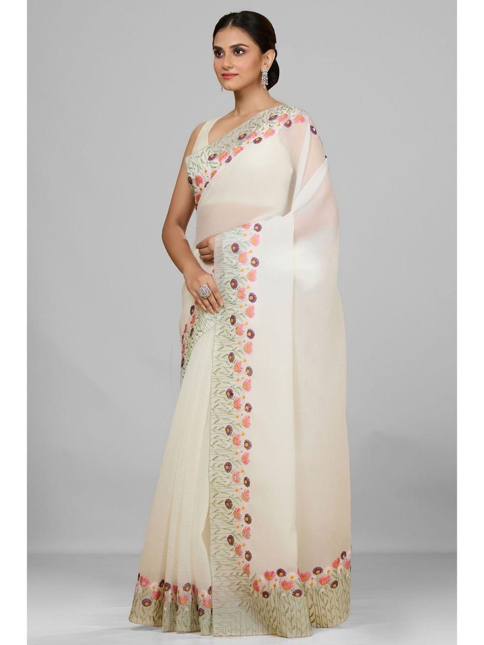 Premium Soft Twinkle Crush Off-White Saree
