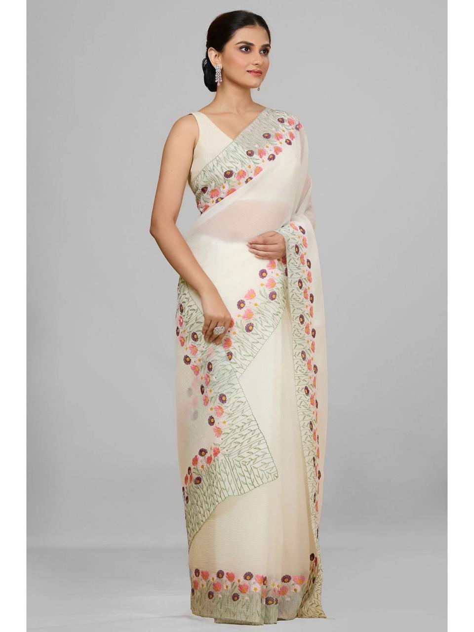 Premium Soft Twinkle Crush Off-White Saree