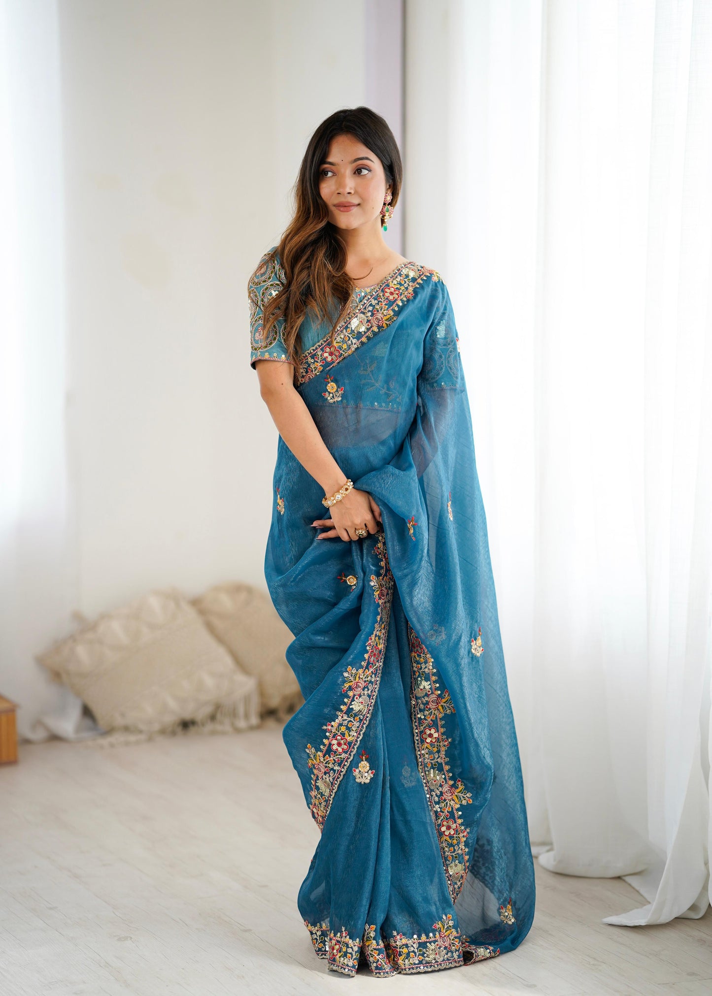 Premium Crunchy Silk Saree with Embroidery and Sequins