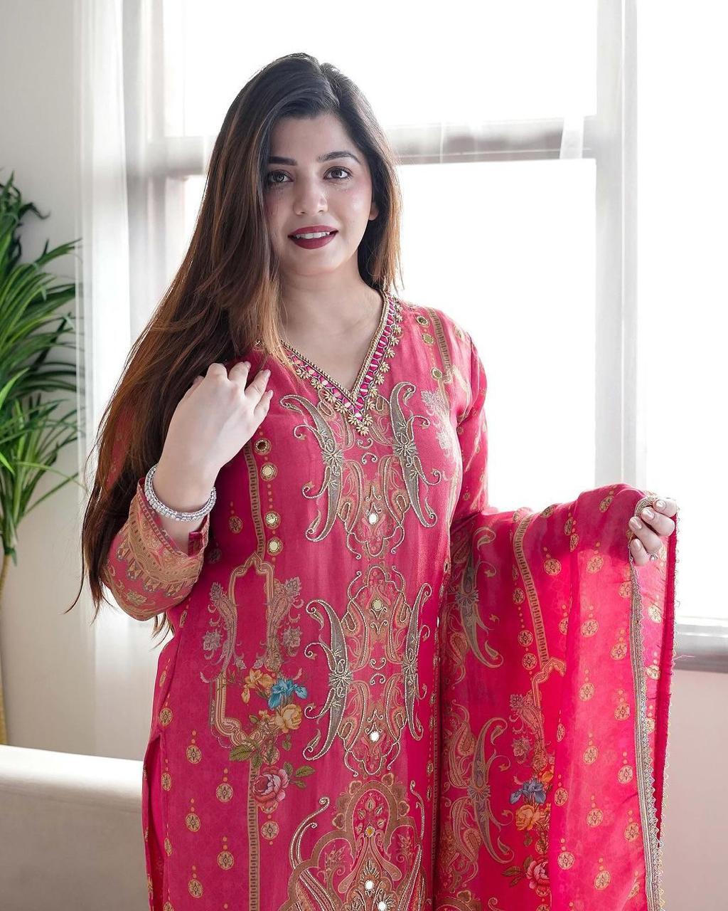 Printed Satin Suit Set with Embellished Dupatta for Events