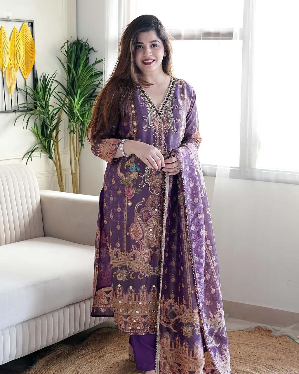 Printed Satin Suit Set with Embellished Dupatta for Events