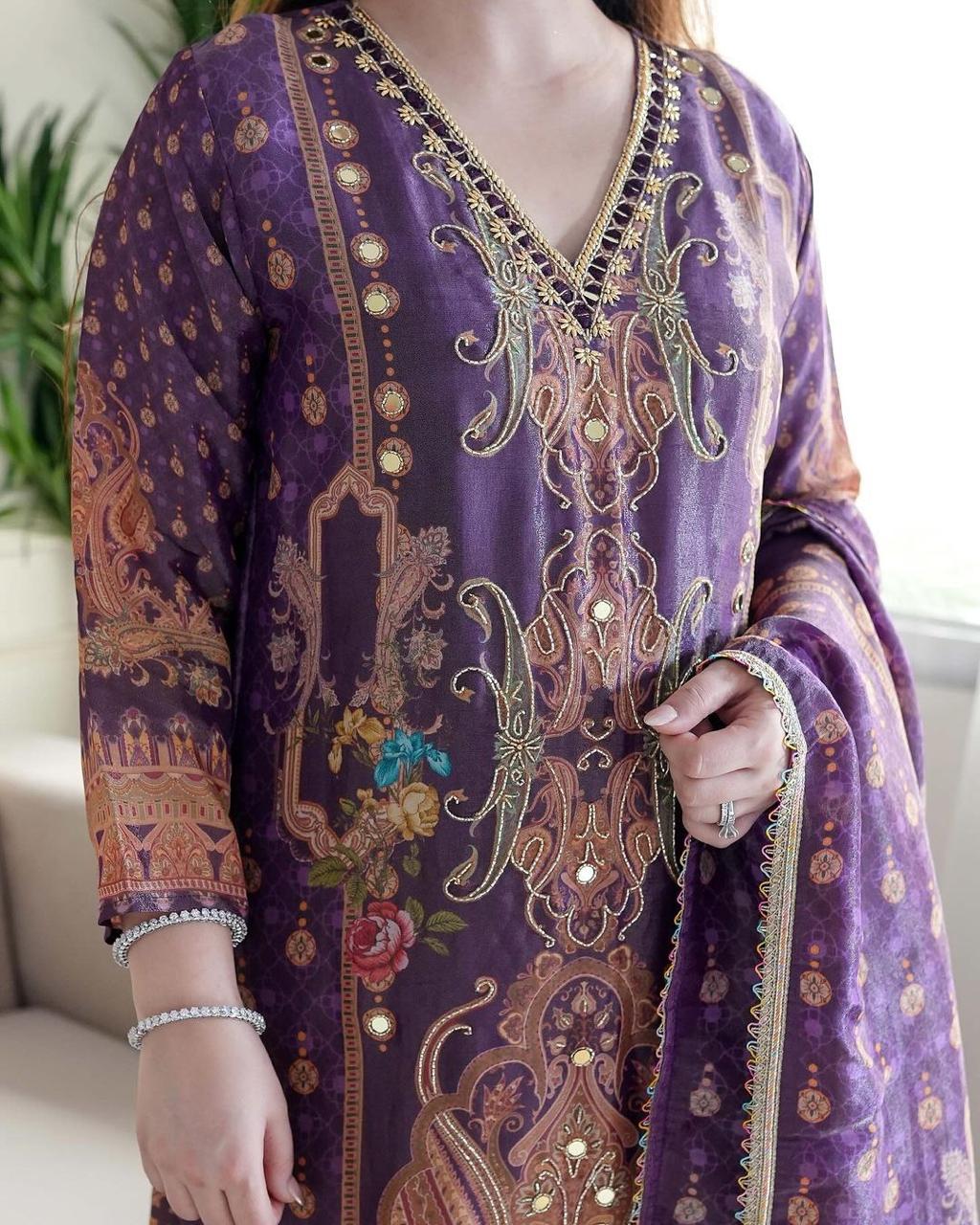 Printed Satin Suit Set with Embellished Dupatta for Events