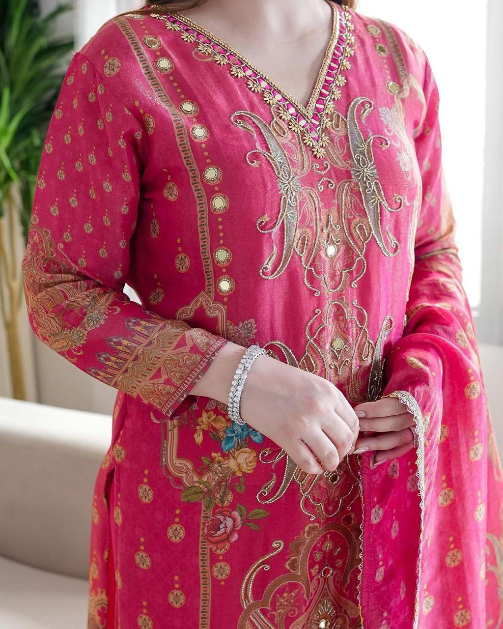 Printed Satin Suit Set with Embellished Dupatta for Events