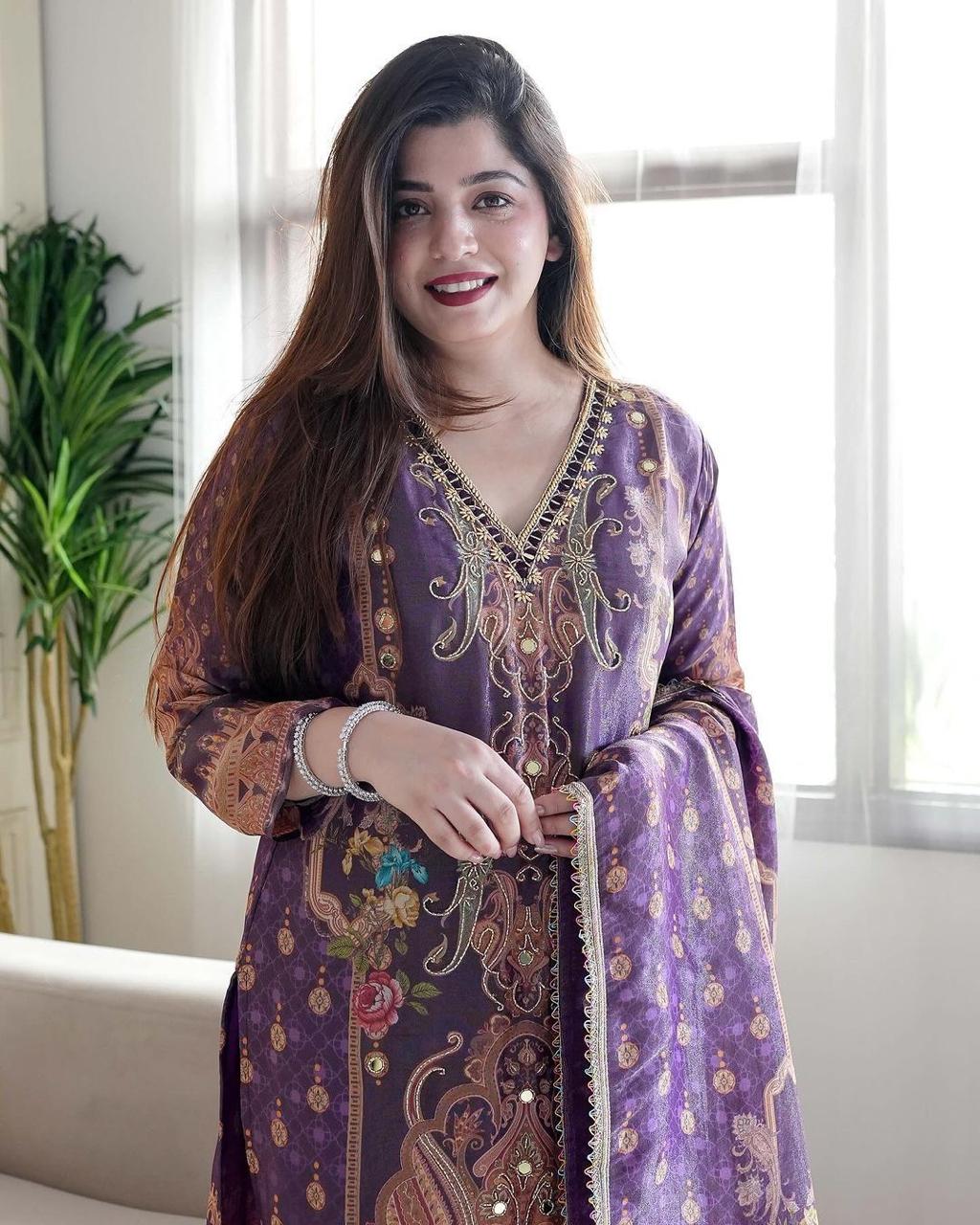 Printed Satin Suit Set with Embellished Dupatta for Events
