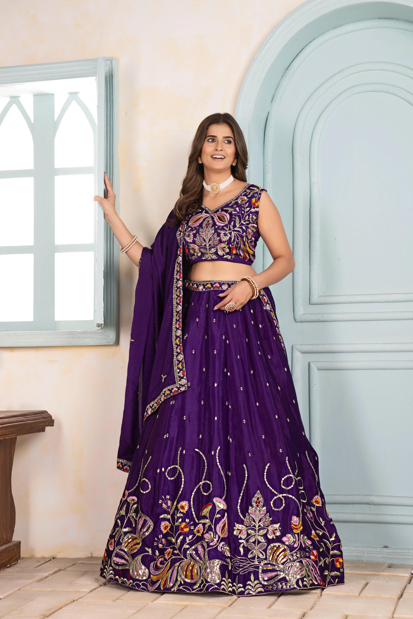 Purple Embroidered Lehenga Choli Set for Wedding