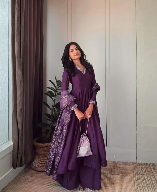 Purple Gown with Bandhani Dupatta