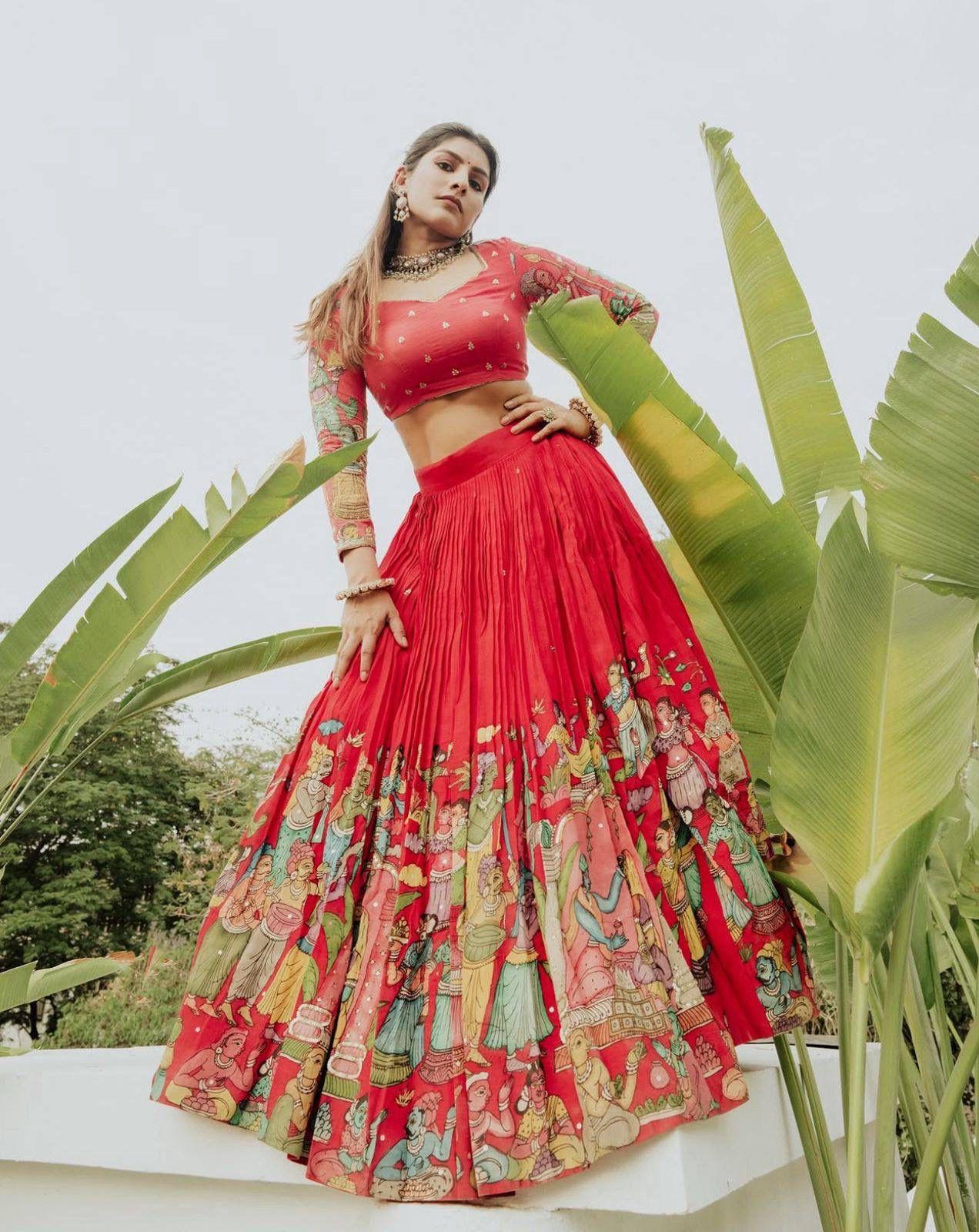 Red Embroidered Cotton Lehenga Choli Set with Dupatta