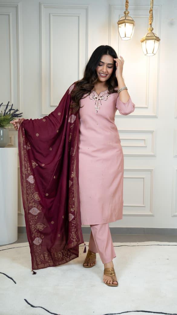 Roman Silk Kurti Pant Dupatta Set with Hand Work