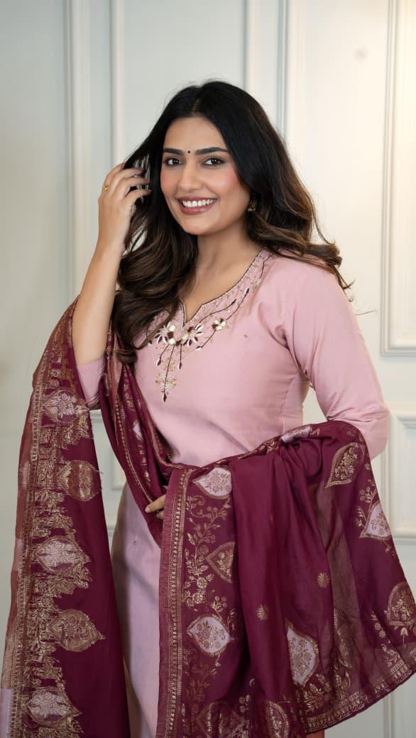 Roman Silk Kurti Pant Dupatta Set with Hand Work