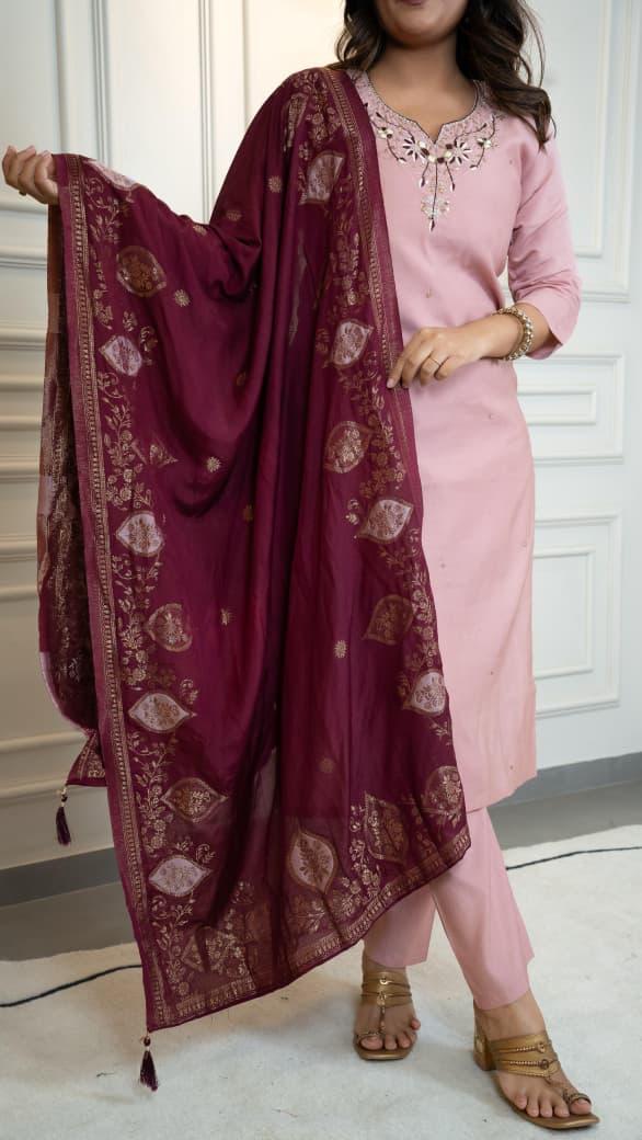 Roman Silk Kurti Pant Dupatta Set with Hand Work