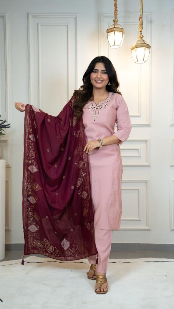 Roman Silk Kurti Pant Dupatta Set with Hand Work