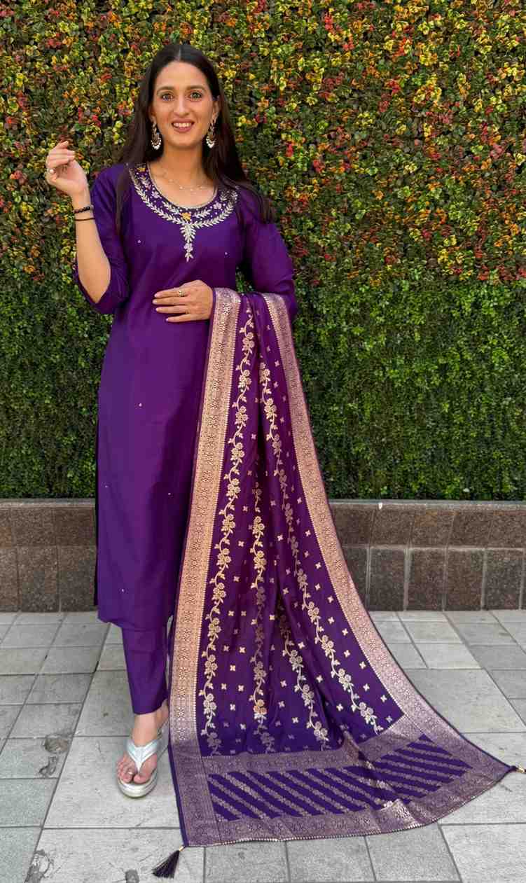 Roman Silk Suit Set with Jacquard Dupatta and Hand Work