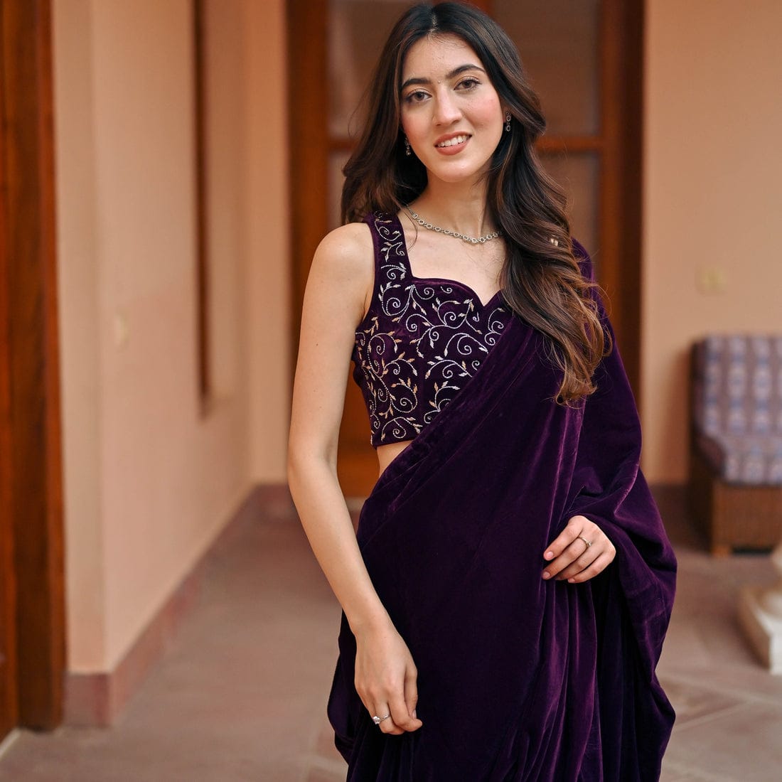 Royal Velvet Saree with Cutwork Border & Embroidered Blouse