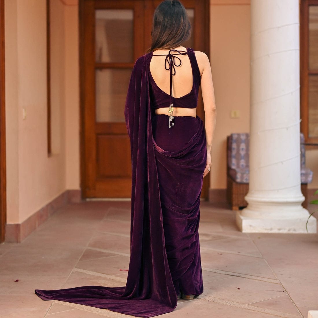 Royal Velvet Saree with Cutwork Border & Embroidered Blouse